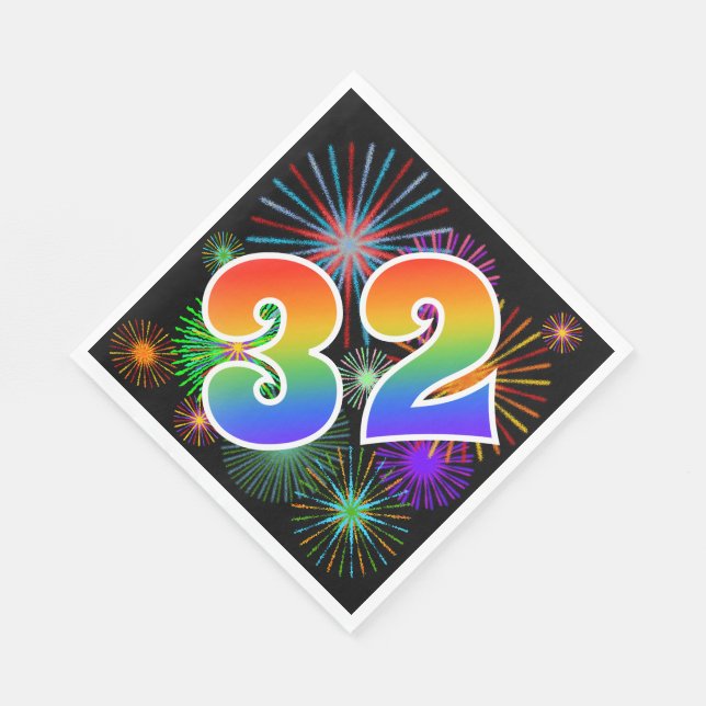 Colourful Fireworks + Rainbow Pattern "32" Event # Napkin (Corner)