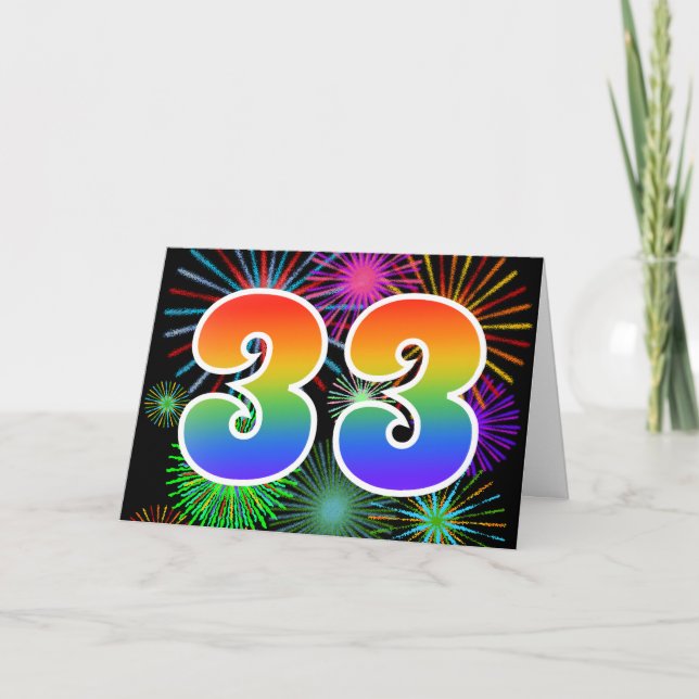 Colourful Fireworks + Rainbow Pattern "33" Event # Card (Front)