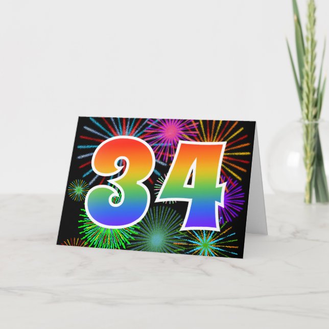 Colourful Fireworks + Rainbow Pattern "34" Event # Card (Front)