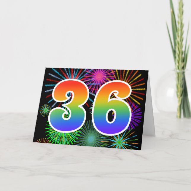 Colourful Fireworks + Rainbow Pattern "36" Event # Card (Front)