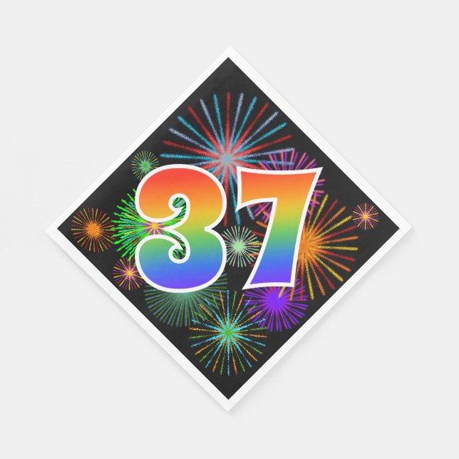 Colourful Fireworks + Rainbow Pattern "37" Event # Napkin (Corner)