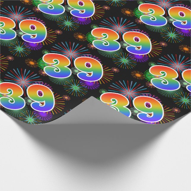 Colourful Fireworks + Rainbow Pattern "39" Event # Wrapping Paper (Corner)
