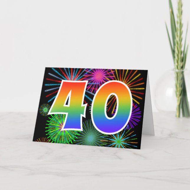 Colourful Fireworks + Rainbow Pattern "40" Event # Card (Front)