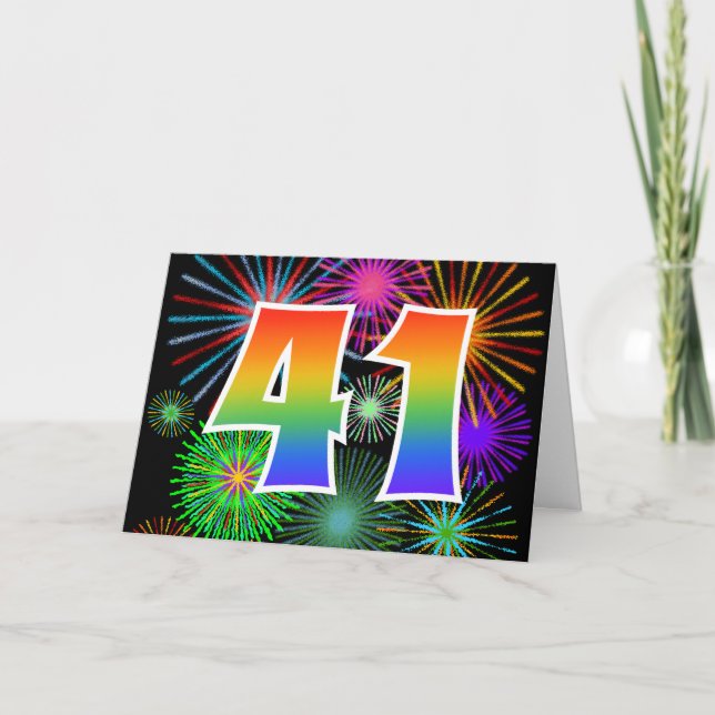 Colourful Fireworks + Rainbow Pattern "41" Event # Card (Front)