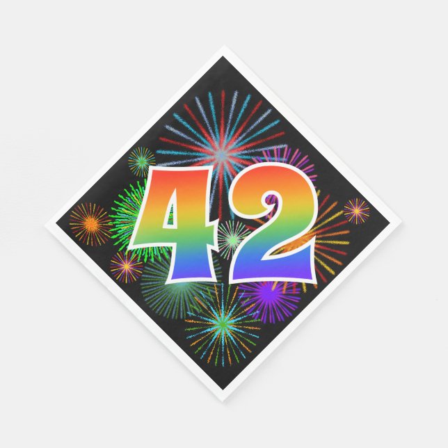 Colourful Fireworks + Rainbow Pattern "42" Event # Napkin (Corner)