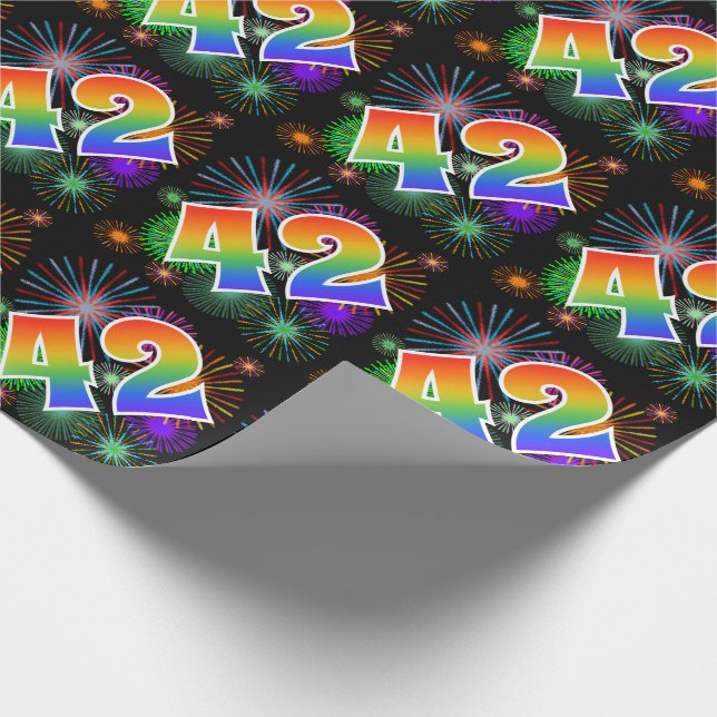 Colourful Fireworks + Rainbow Pattern "42" Event # Wrapping Paper (Corner)