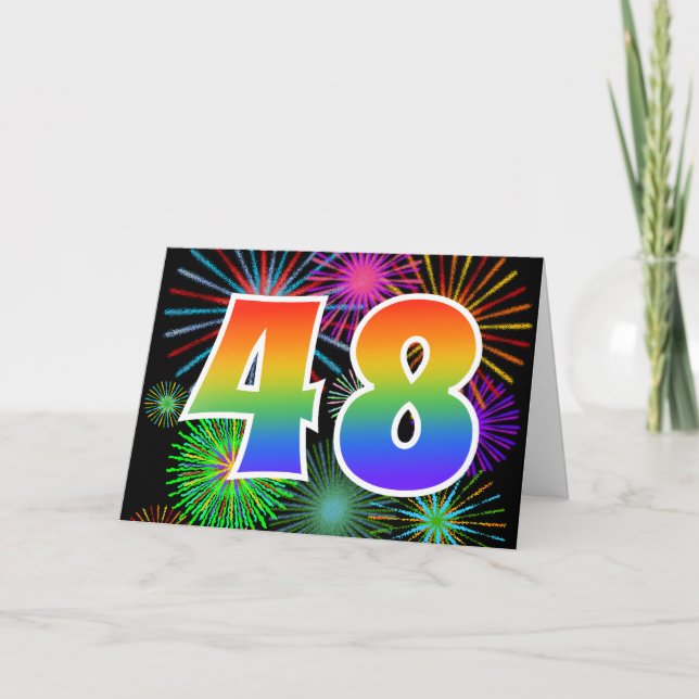 Colourful Fireworks + Rainbow Pattern "48" Event # Card (Front)