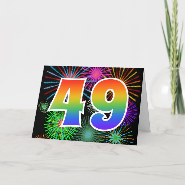 Colourful Fireworks + Rainbow Pattern "49" Event # Card (Front)