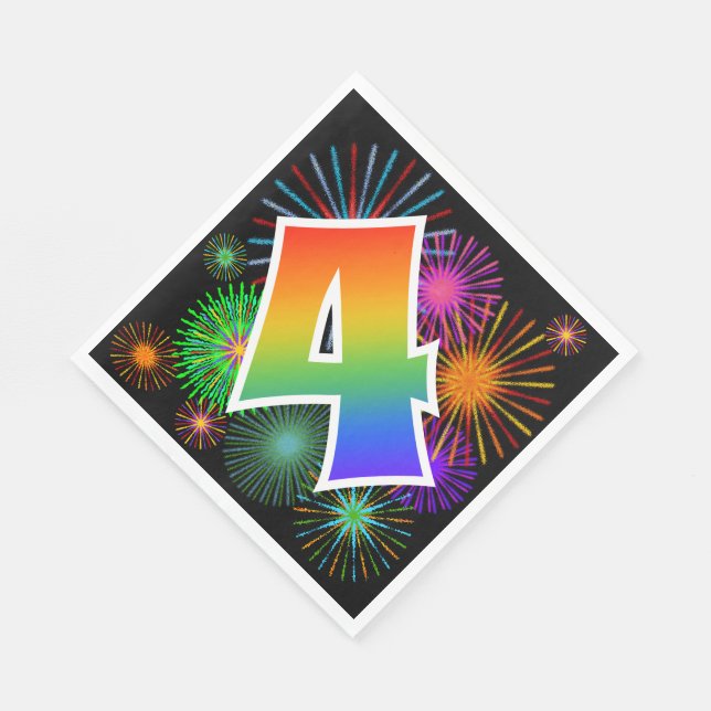 Colourful Fireworks + Rainbow Pattern "4" Event # Napkin (Corner)