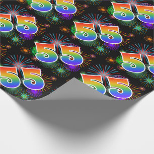 Colourful Fireworks + Rainbow Pattern "55" Event # Wrapping Paper