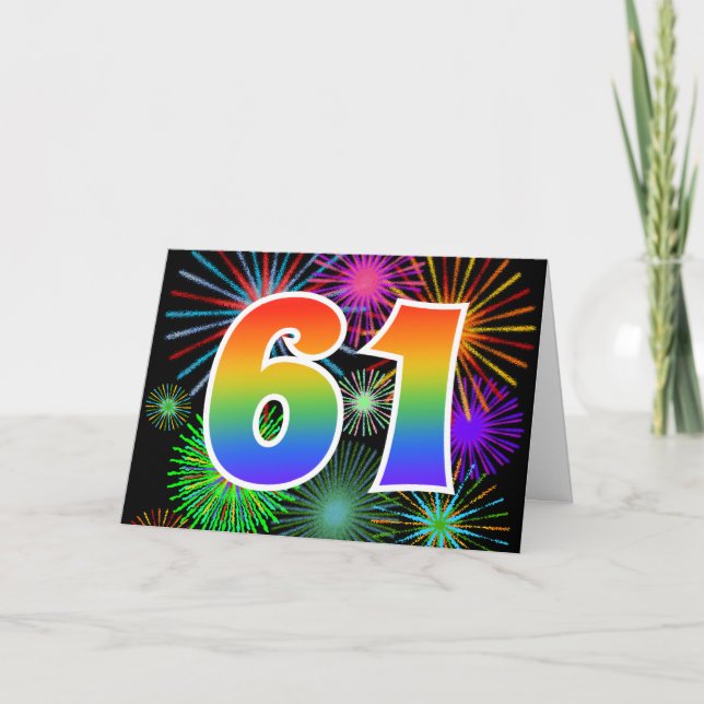 Colourful Fireworks + Rainbow Pattern "61" Event # Card (Front)