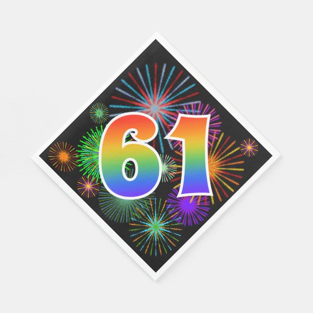 Colourful Fireworks + Rainbow Pattern "61" Event # Napkin (Corner)