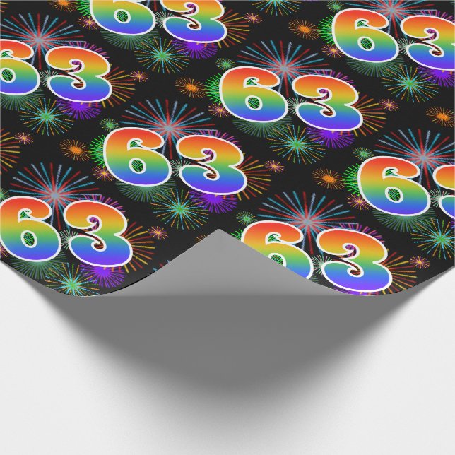 Colourful Fireworks + Rainbow Pattern "63" Event # Wrapping Paper (Corner)