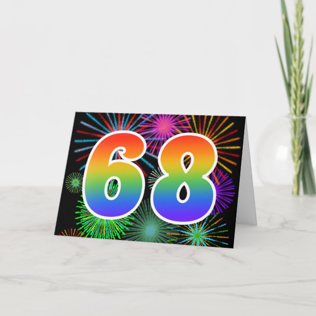 Colourful Fireworks + Rainbow Pattern "68" Event # Card (Front)