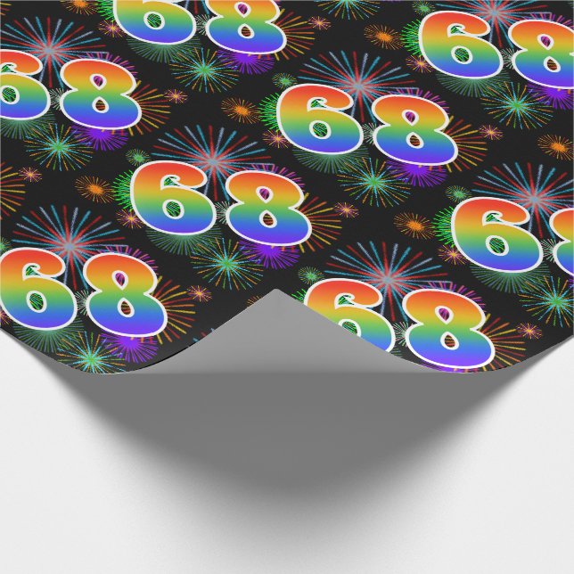 Colourful Fireworks + Rainbow Pattern "68" Event # Wrapping Paper (Corner)