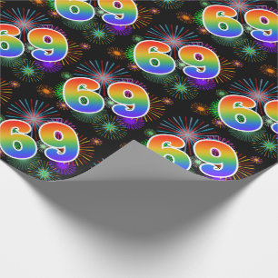 Colourful Fireworks + Rainbow Pattern "69" Event # Wrapping Paper