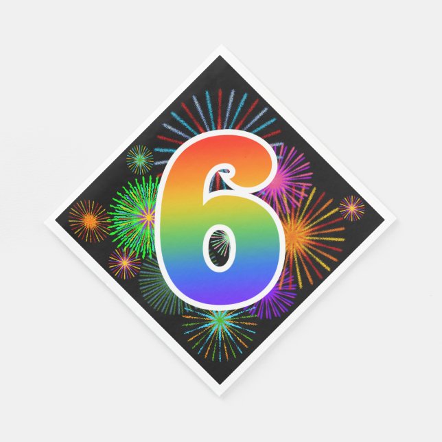 Colourful Fireworks + Rainbow Pattern "6" Event # Napkin (Corner)