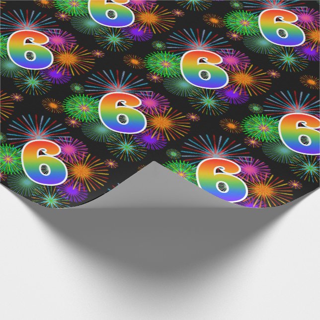 Colourful Fireworks + Rainbow Pattern "6" Event # Wrapping Paper (Corner)