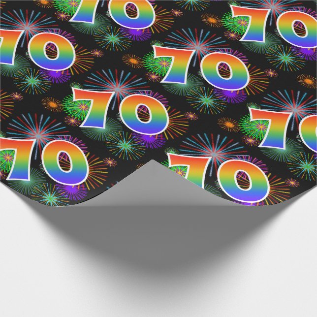 Colourful Fireworks + Rainbow Pattern "70" Event # Wrapping Paper (Corner)