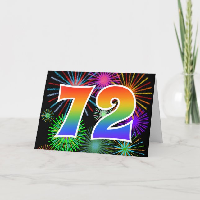 Colourful Fireworks + Rainbow Pattern "72" Event # Card (Front)