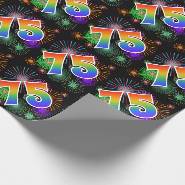 Colourful Fireworks + Rainbow Pattern "75" Event # Wrapping Paper (Corner)
