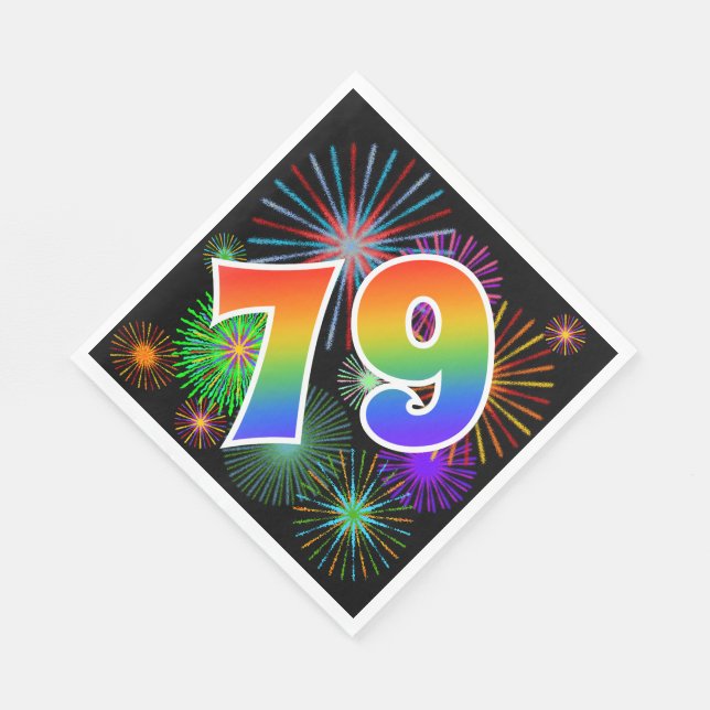 Colourful Fireworks + Rainbow Pattern "79" Event # Napkin (Corner)