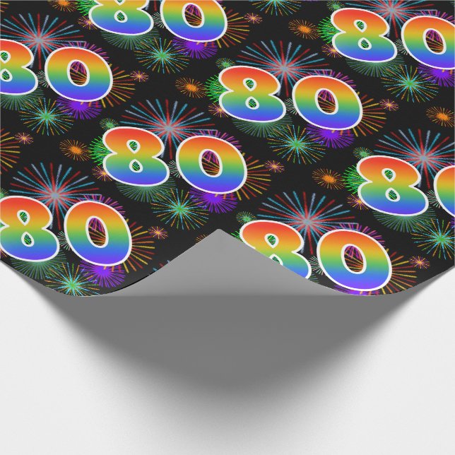 Colourful Fireworks + Rainbow Pattern "80" Event # Wrapping Paper (Corner)