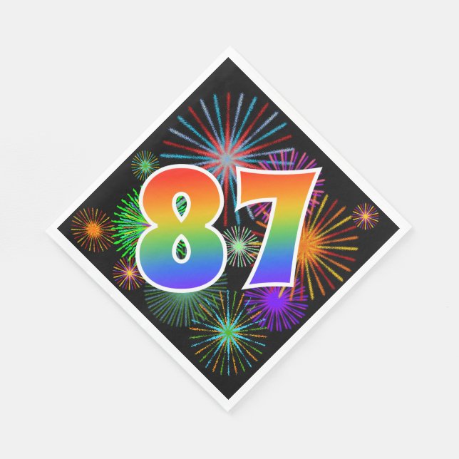 Colourful Fireworks + Rainbow Pattern "87" Event # Napkin (Corner)