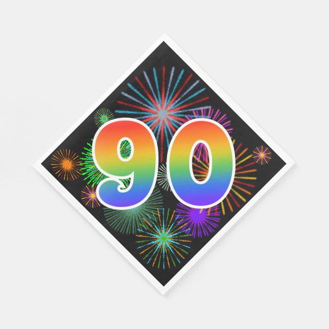 Colourful Fireworks + Rainbow Pattern "90" Event # Napkin (Corner)