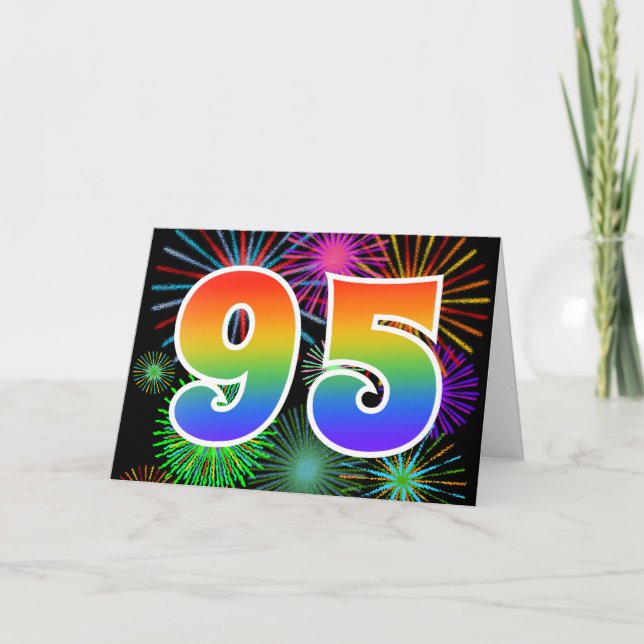 Colourful Fireworks + Rainbow Pattern "95" Event # Card (Front)