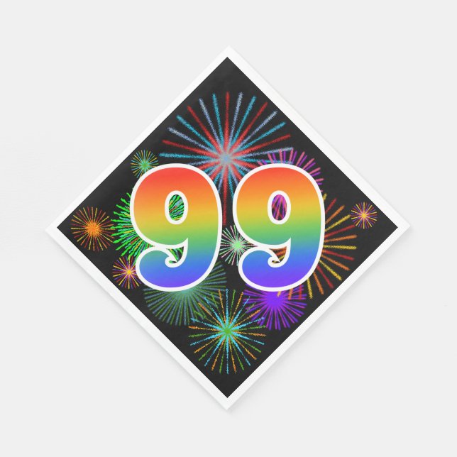 Colourful Fireworks + Rainbow Pattern "99" Event # Napkin (Corner)