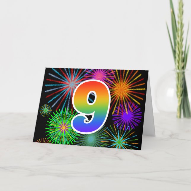 Colourful Fireworks + Rainbow Pattern "9" Event # Card (Front)