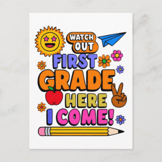 Colourful First Grade Back To School Vector Design Postcard