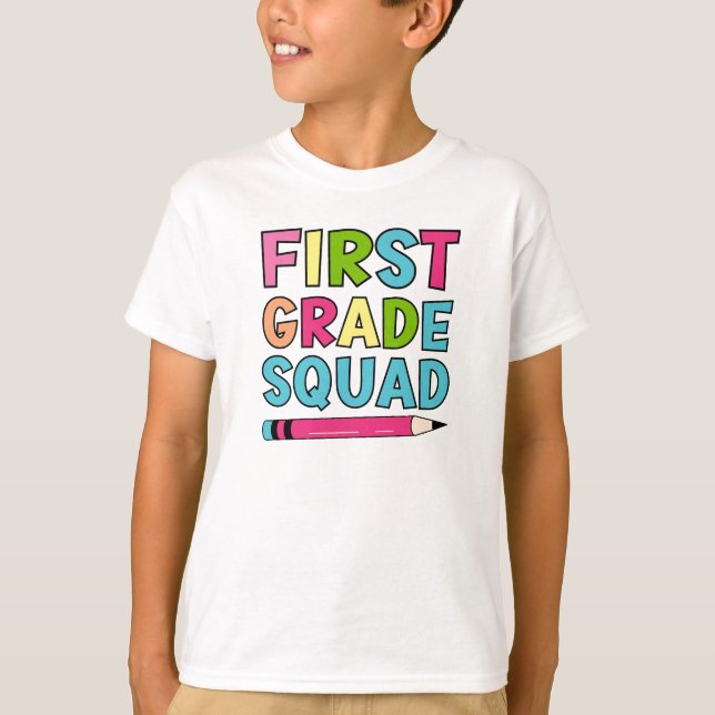Colourful First Grade Squad – Back To School T-Shirt (Front)