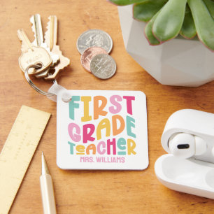 Colourful First Grade Teacher Retro Text Custom Keychain