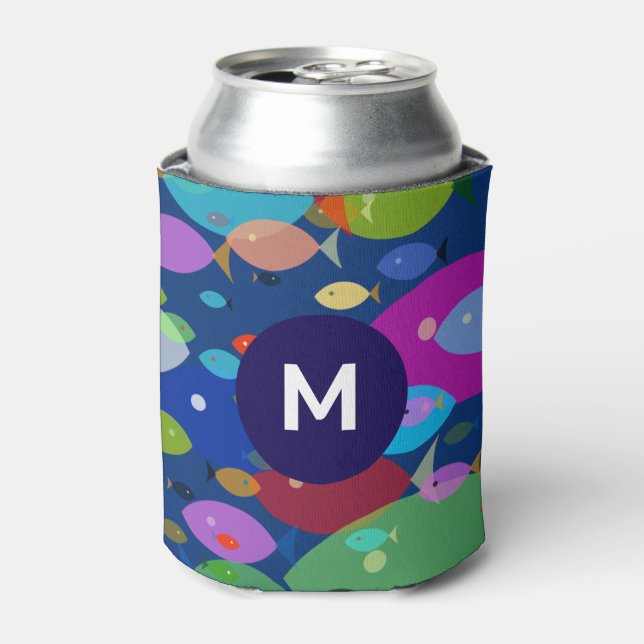 Colourful Fish Abstract Pattern Blue Monogram Can Cooler (Can Front)