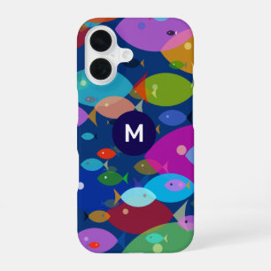Colourful Fish Abstract Pattern Blue Monogram iPhone 16 Case
