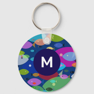 Colourful Fish Abstract Pattern Blue Monogram Keychain