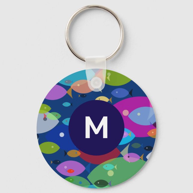 Colourful Fish Abstract Pattern Blue Monogram Keychain (Front)