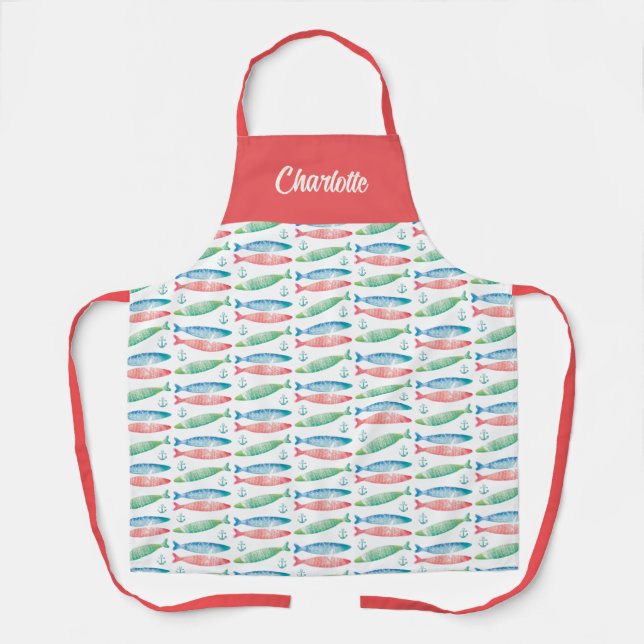 Colourful Fish Anchor Watercolor Name  Apron (Front)