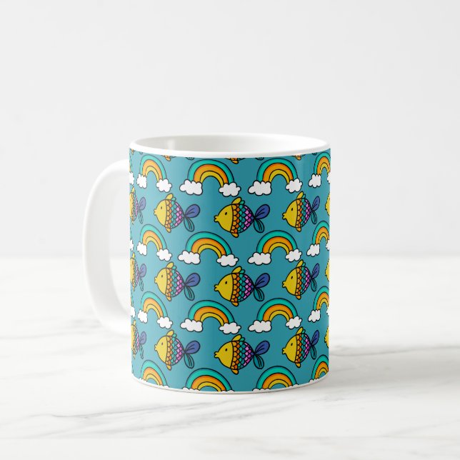 Colourful Fish and Rainbow Mug (Front Left)