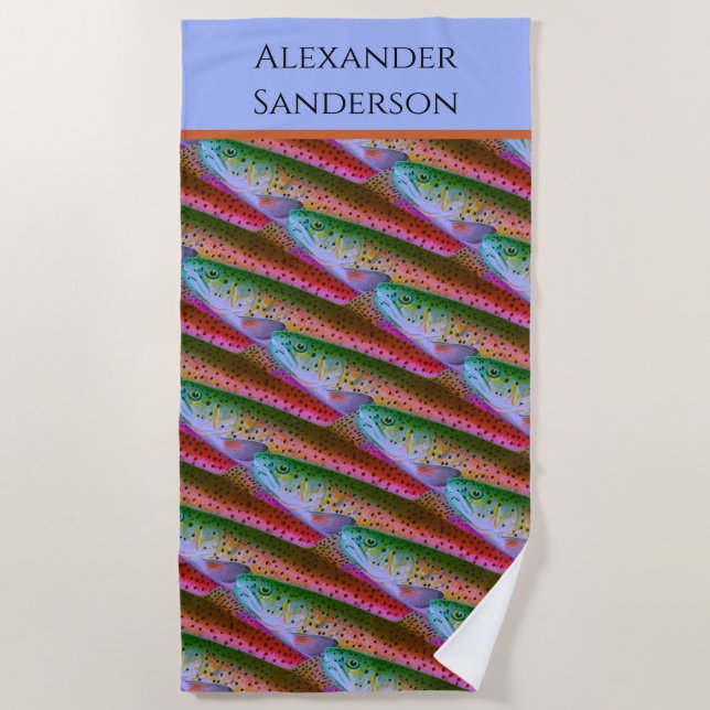 Colourful fish watercolor Rainbow trout pattern  Beach Towel (Front)