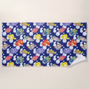 Colourful Fish White Bubbles Deep Blue Background Beach Towel