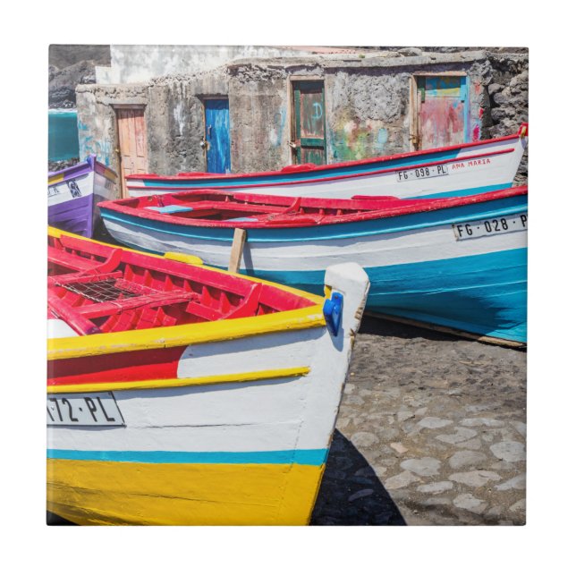 Colourful Fishing Boats, Cape Verde Tile (Front)