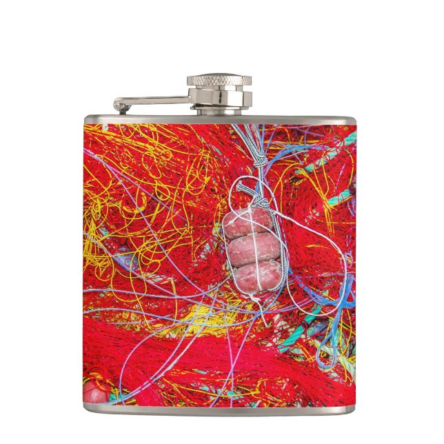 Colourful fishing nets hip flask (Front)
