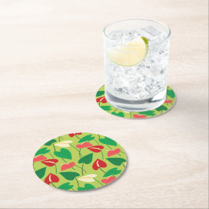 Colourful flamingo flowers pattern round paper coaster