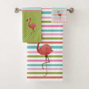 Colourful Flamingo Tropical Stripes Polka Dot Bath Towel Set