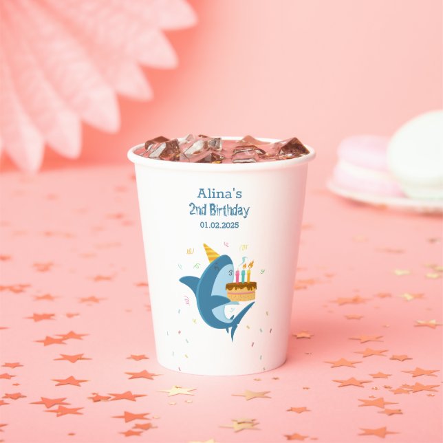 Colourful Flat Simple Baby Sharks Birthday Party Paper Cups (Insitu)