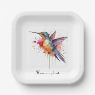Colourful Flight, watercolor hummingbird custom Paper Plate