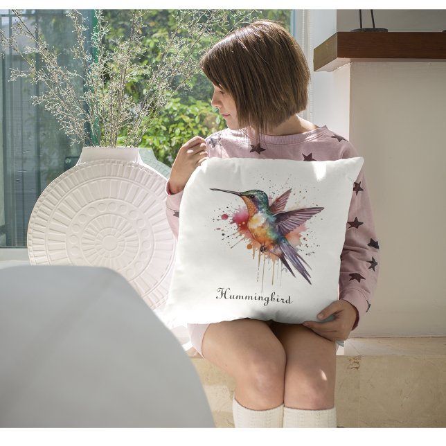 Colourful Flight, watercolor hummingbird custom Throw Pillow (Creator Uploaded)